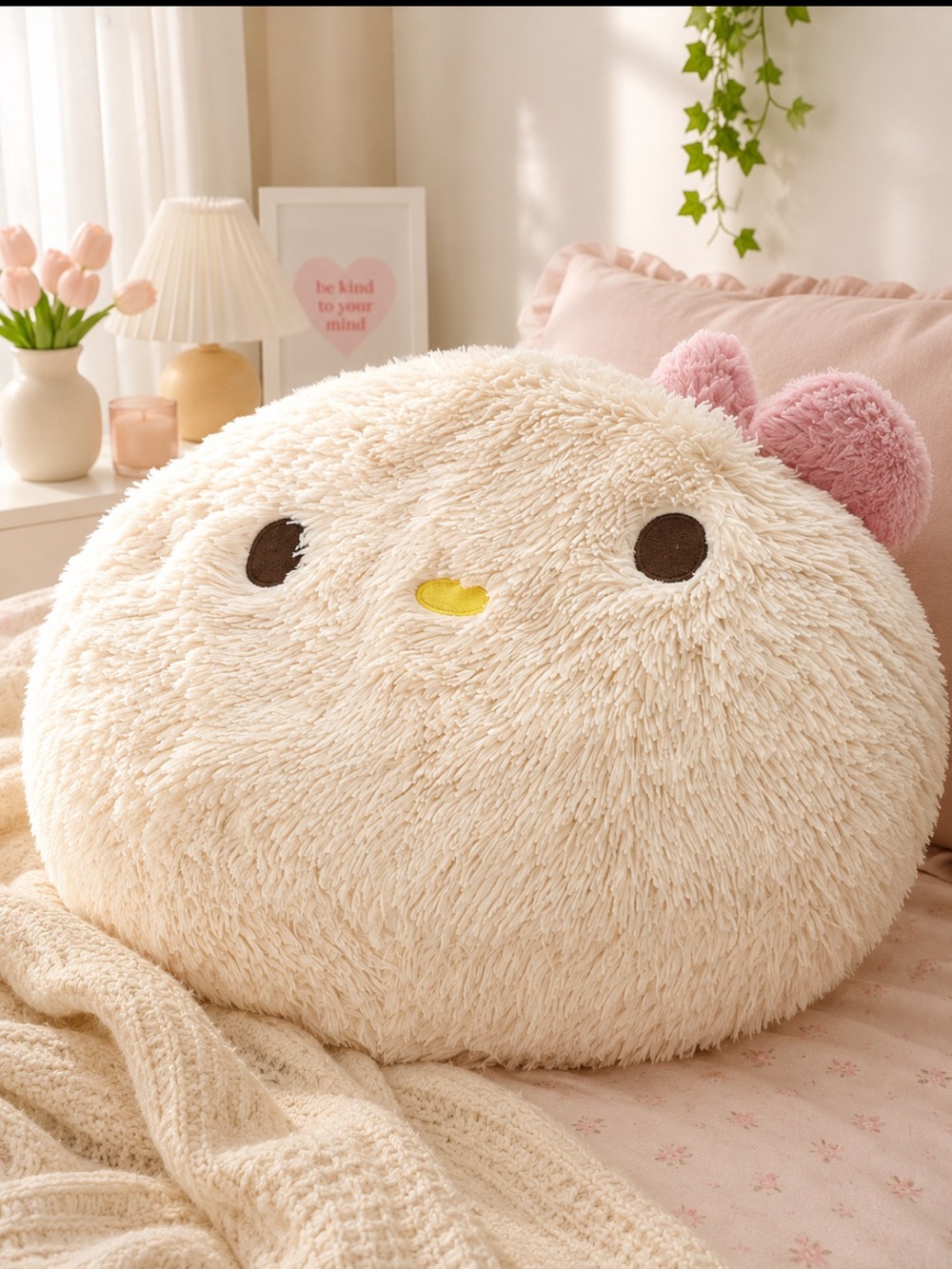 Sanrio Plush Round Character Pillow in Cream with Pink Ears and Yellow Beak